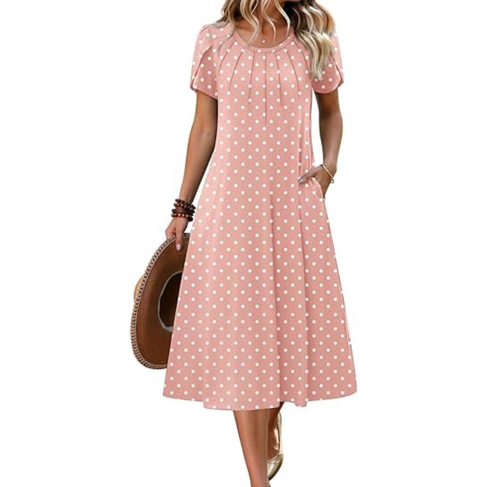 Women's Pink Dot Blend Crew-Neck A-Line Short Sleeve Casual Flowy Boho Sundress